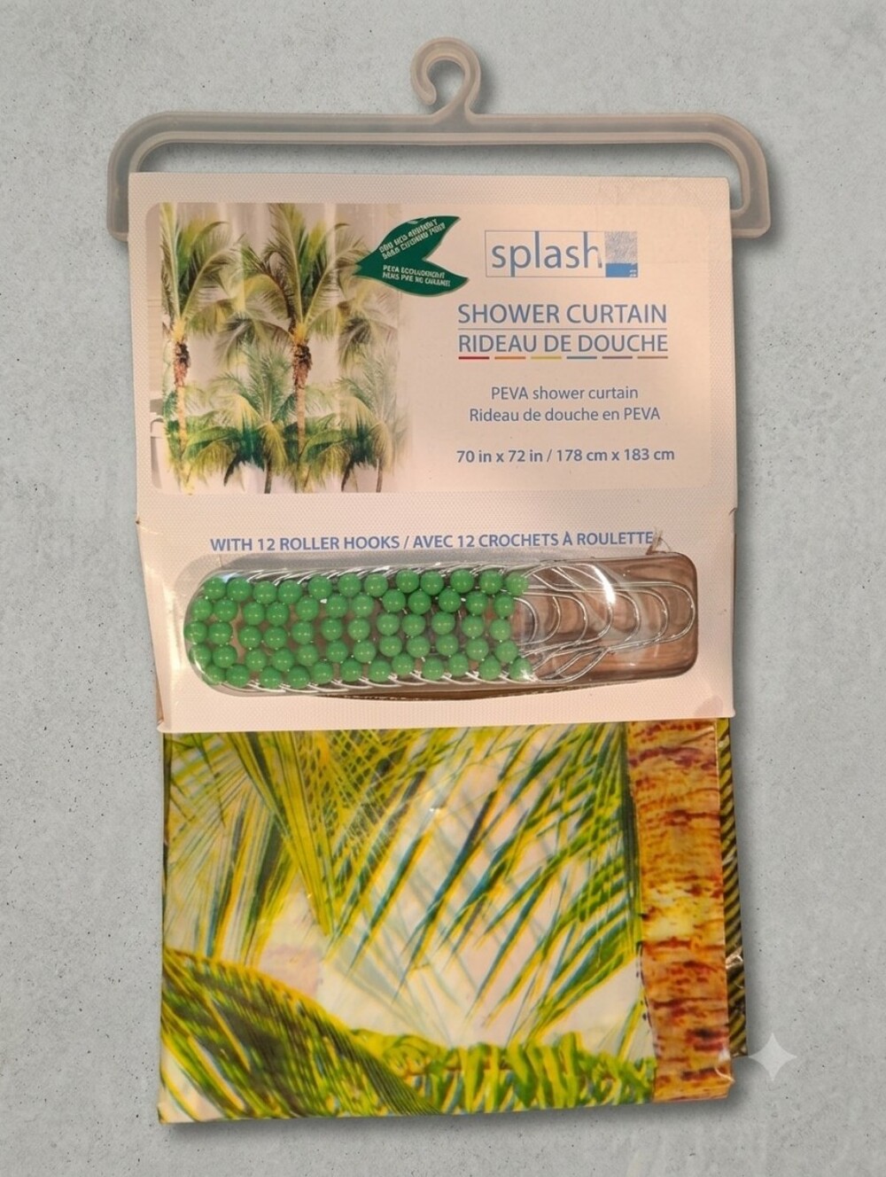 NIP Splash Green Palm Print PEVA Shower Curtain with Green Roller Hooks